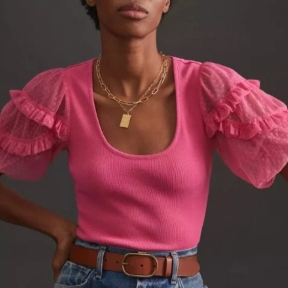 Anthropologie Maeve Ruffled Sleeved Top Blouse Hot Pink L 🆕📦⌚🏃🏻💨⚡🚚 - Picture 1 of 7